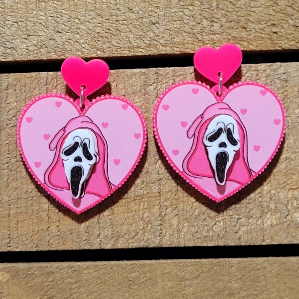 Pink Ghostface Scream Acrylic Heart Earrings